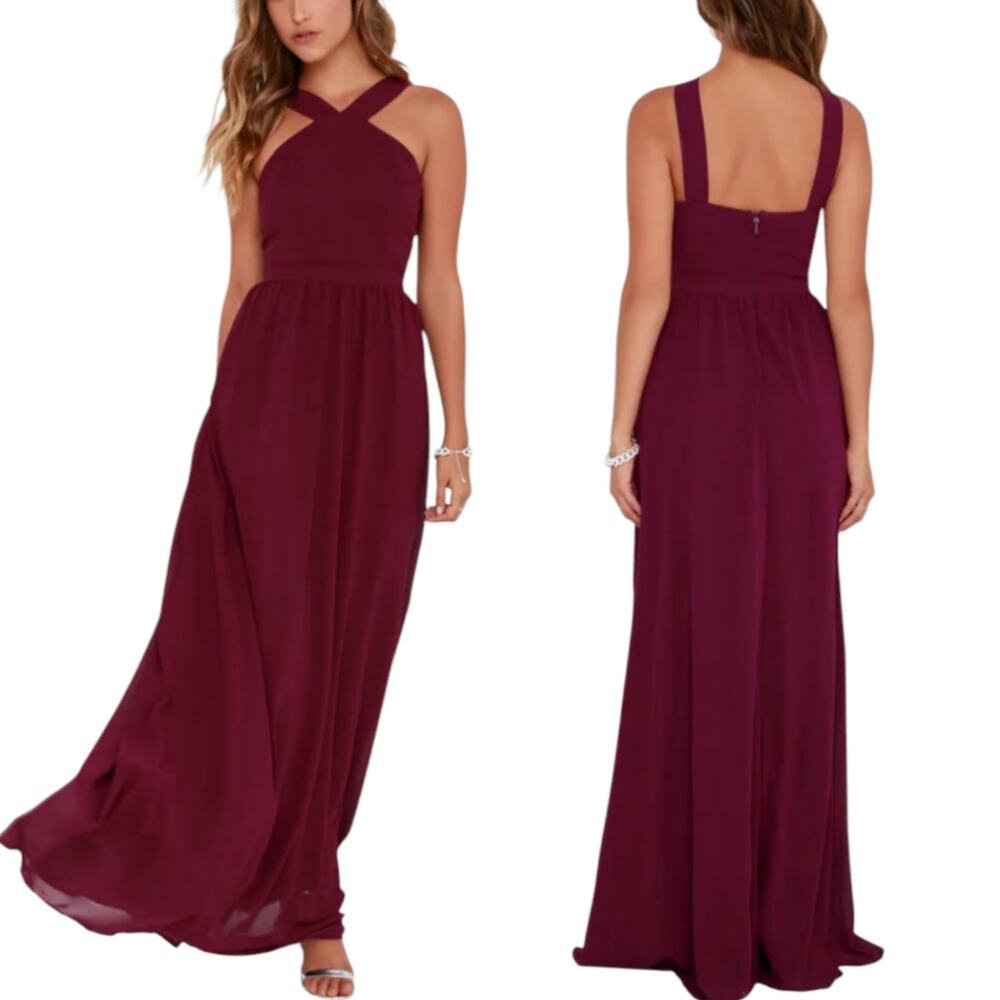 Lulus of Romance Burgundy Chiffon Maxi Dress Large NEW Gown Red Halter Open Back